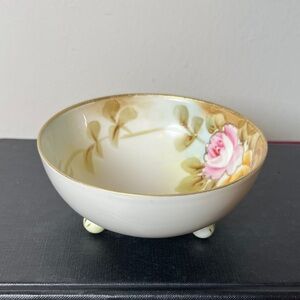 Handpainted Nippon Roses Antique Footed Round Trinket Dish Bowl with Gold Trim